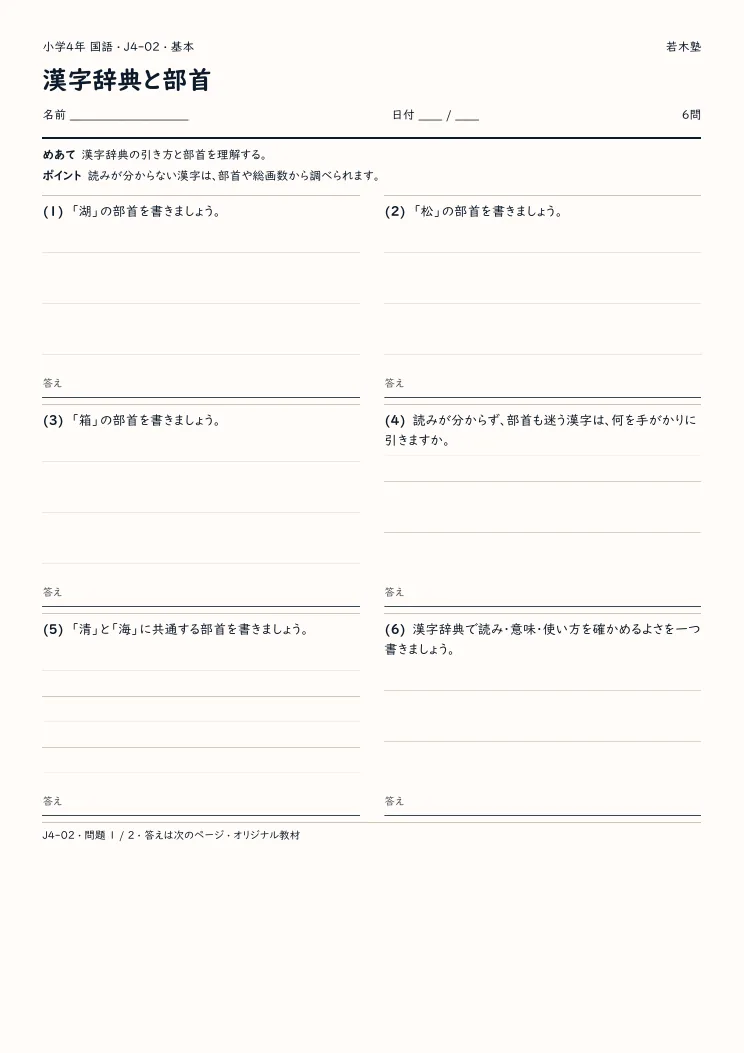 漢字辞典と部首プリントの見本