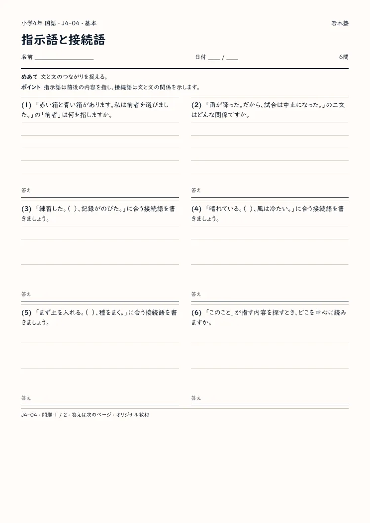 指示語と接続語プリントの見本