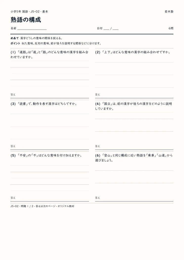 熟語の構成プリントの見本