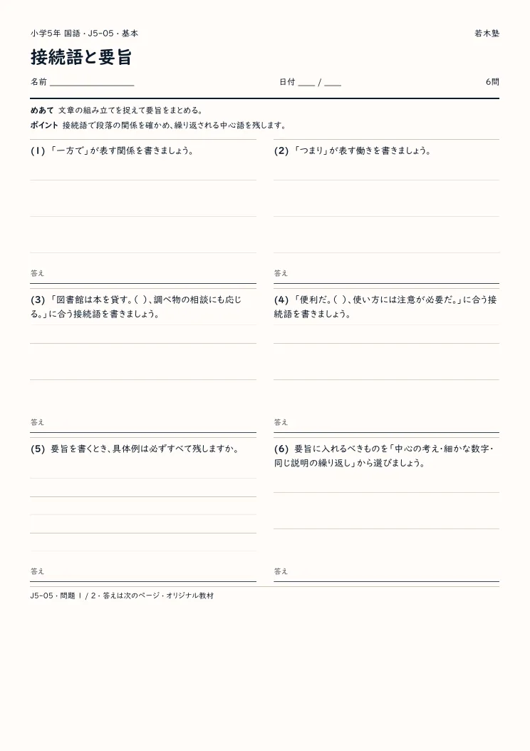 接続語と要旨プリントの見本