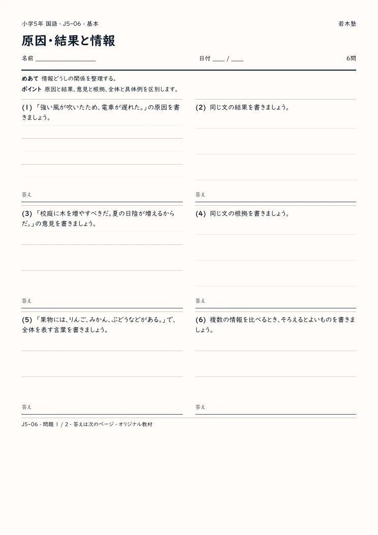 原因・結果と情報プリントの見本