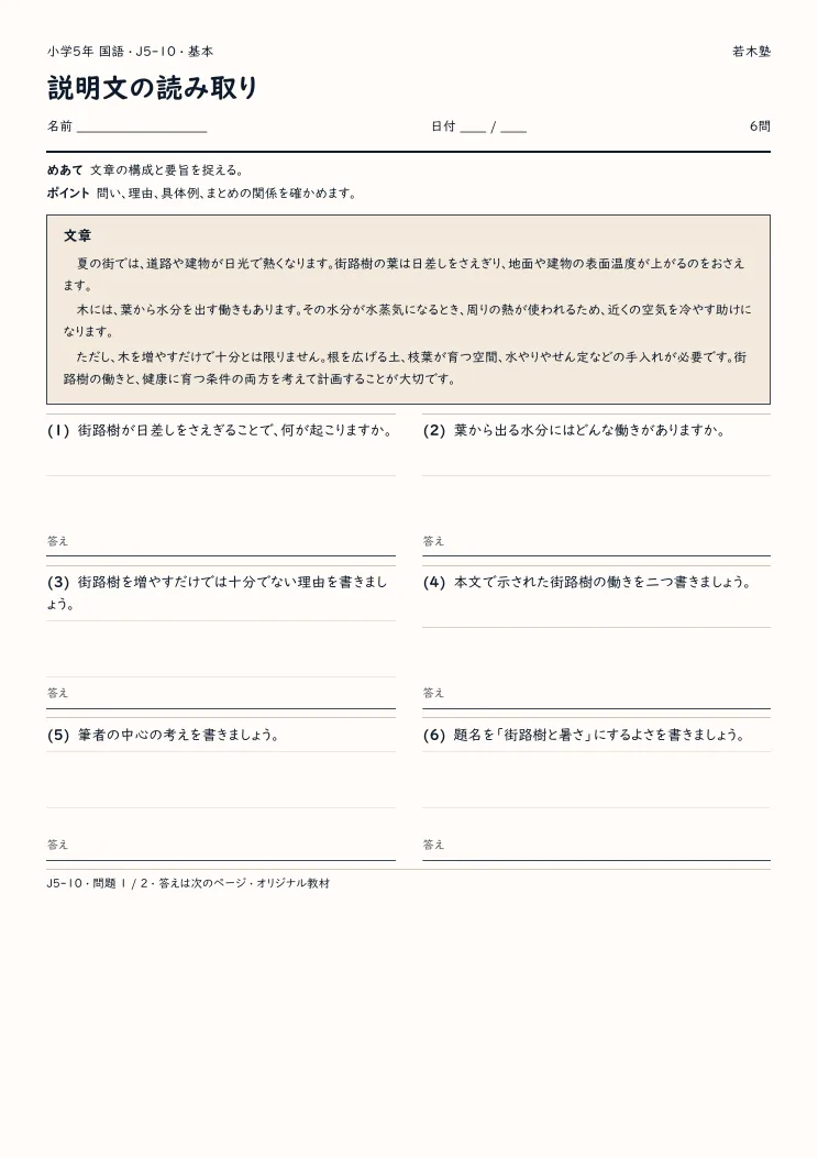 説明文の読み取りプリントの見本