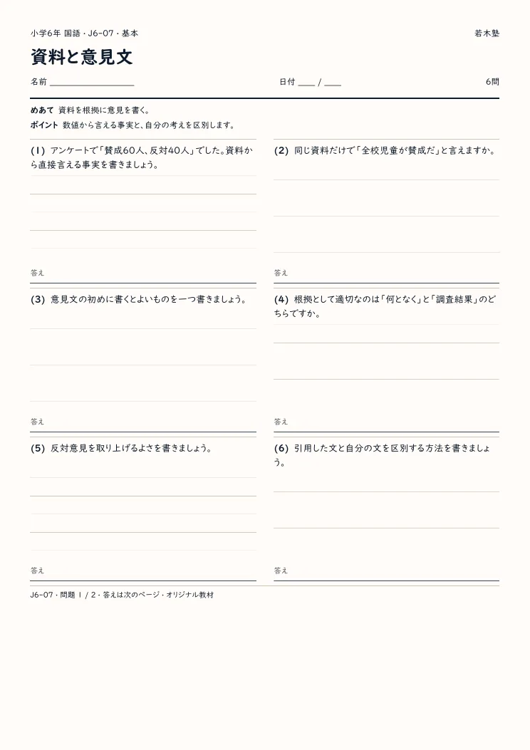 資料と意見文プリントの見本