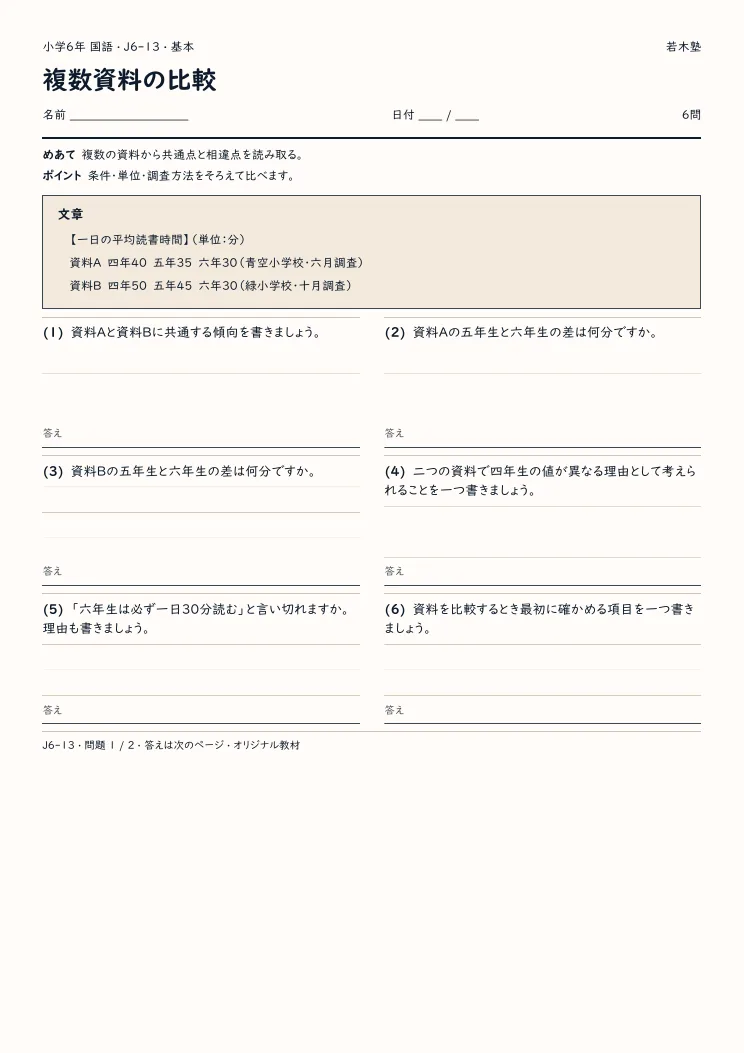 複数資料の比較プリントの見本