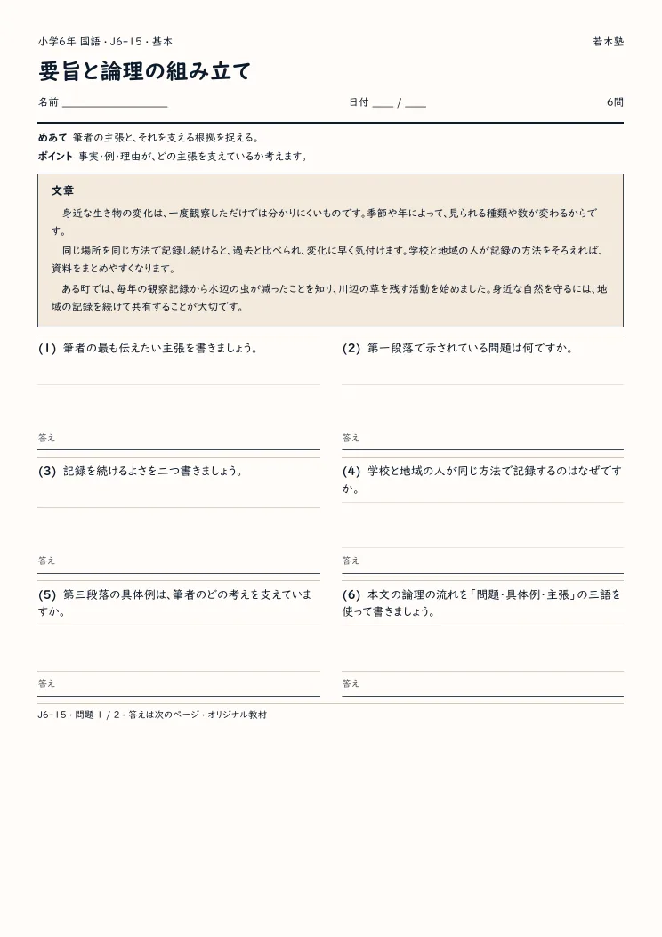 要旨と論理の組み立てプリントの見本