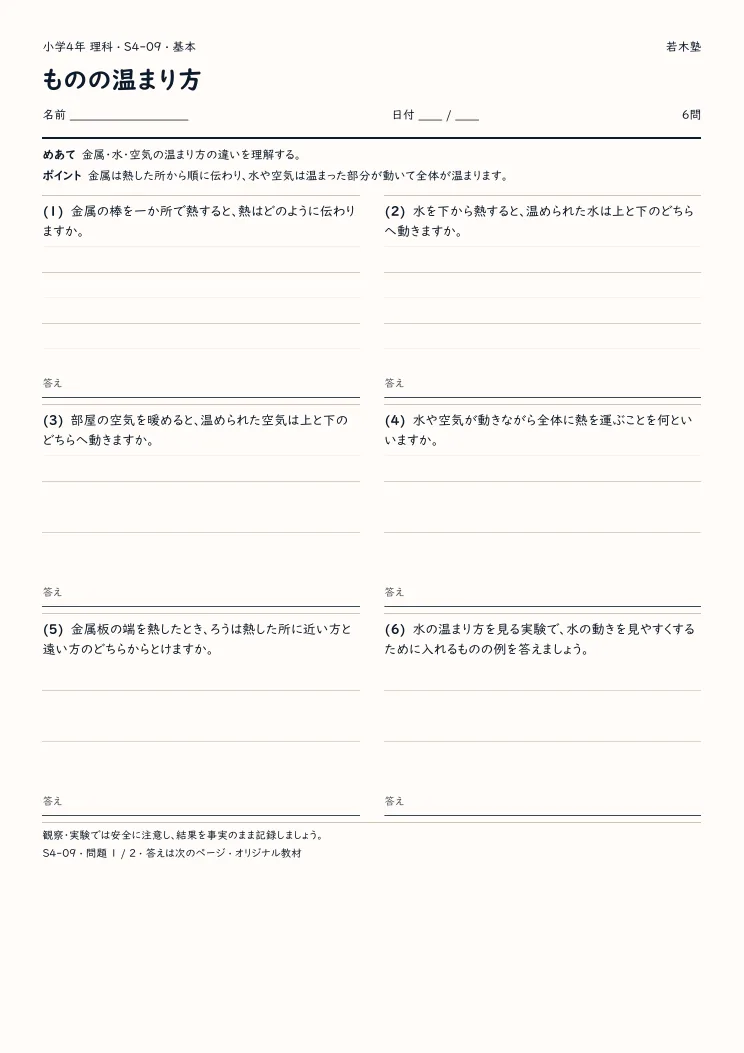 ものの温まり方プリントの見本