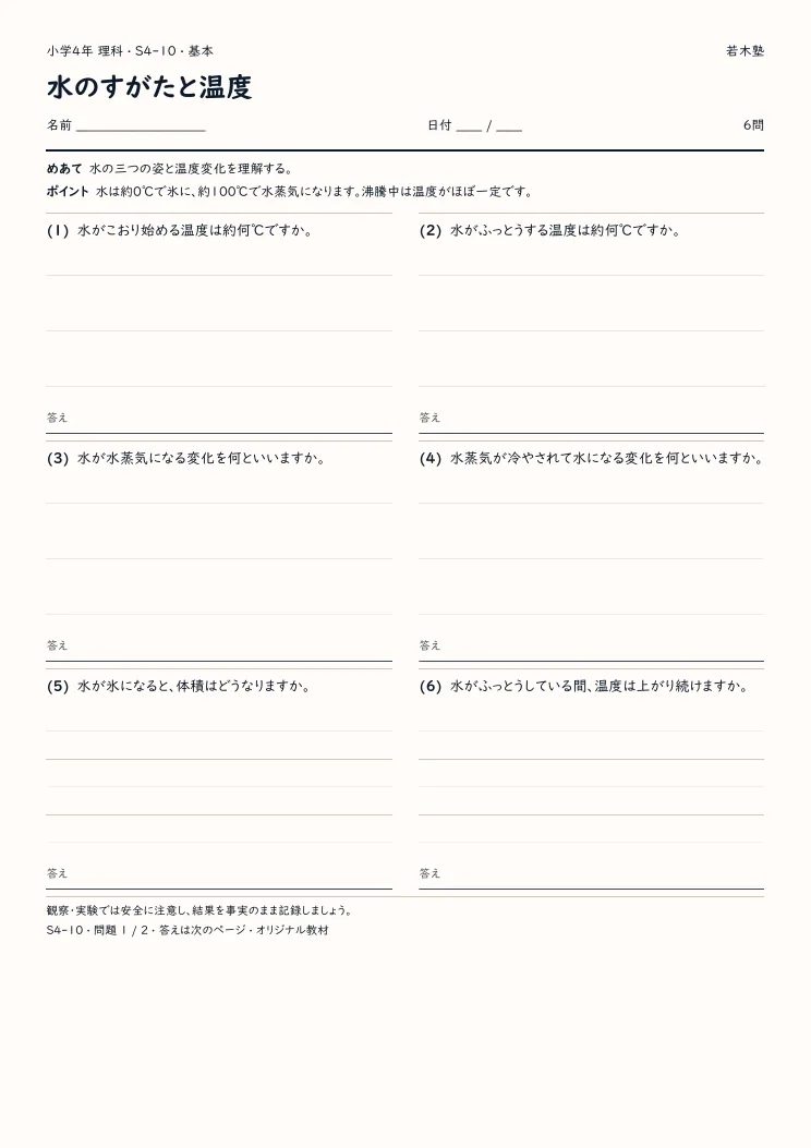 水のすがたと温度プリントの見本