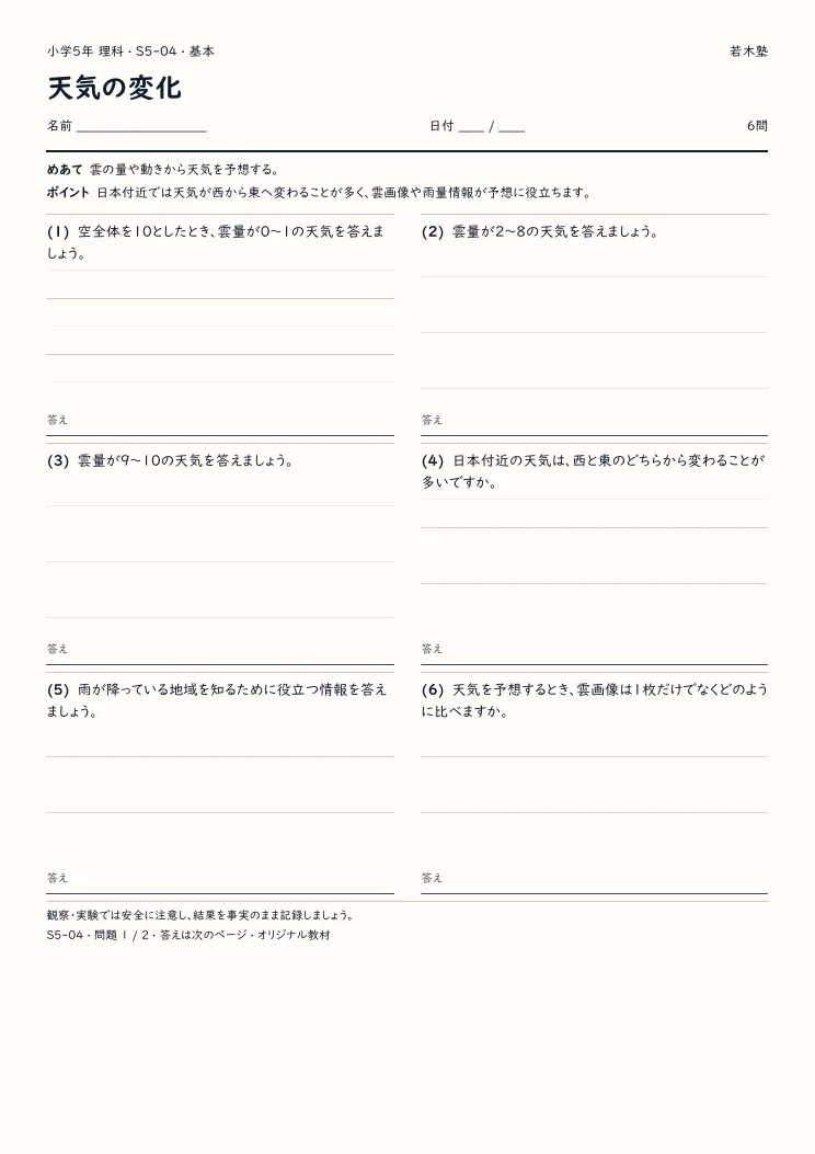 天気の変化プリントの見本
