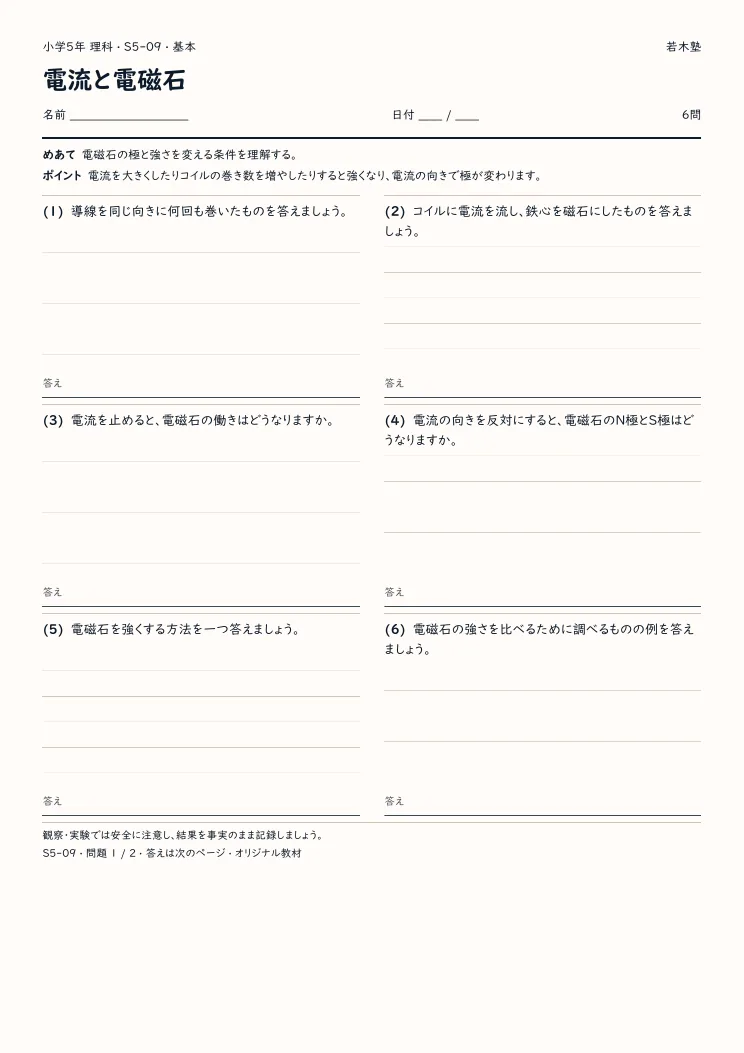 電流と電磁石プリントの見本