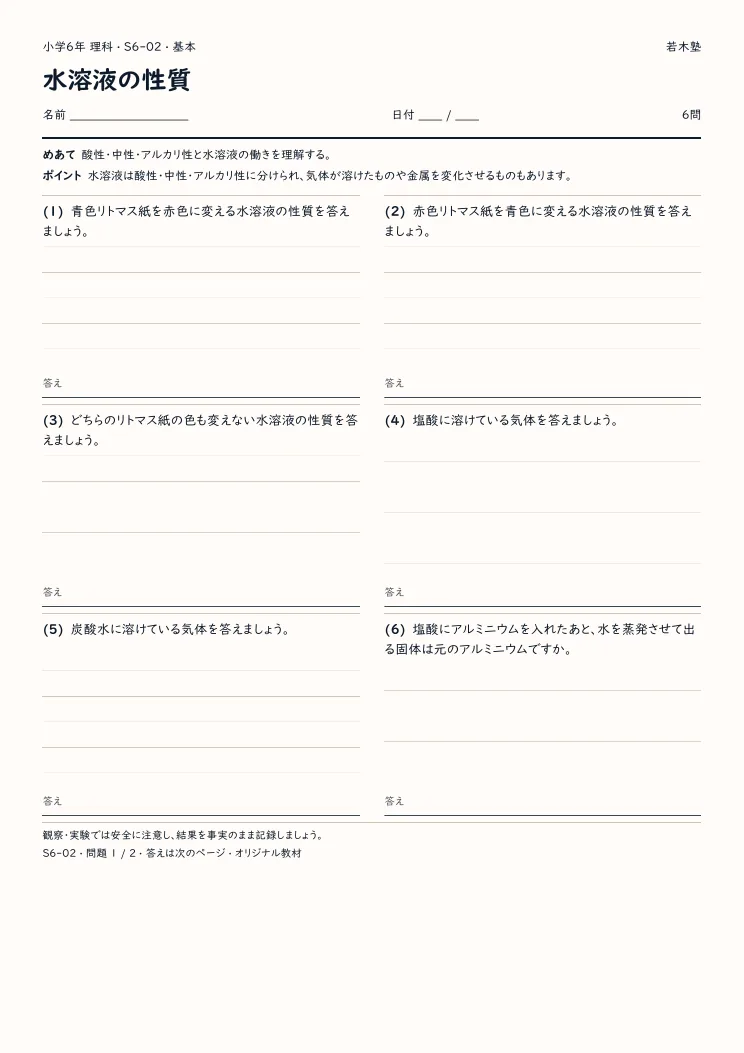 水溶液の性質プリントの見本