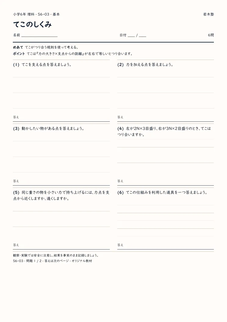 てこのしくみプリントの見本