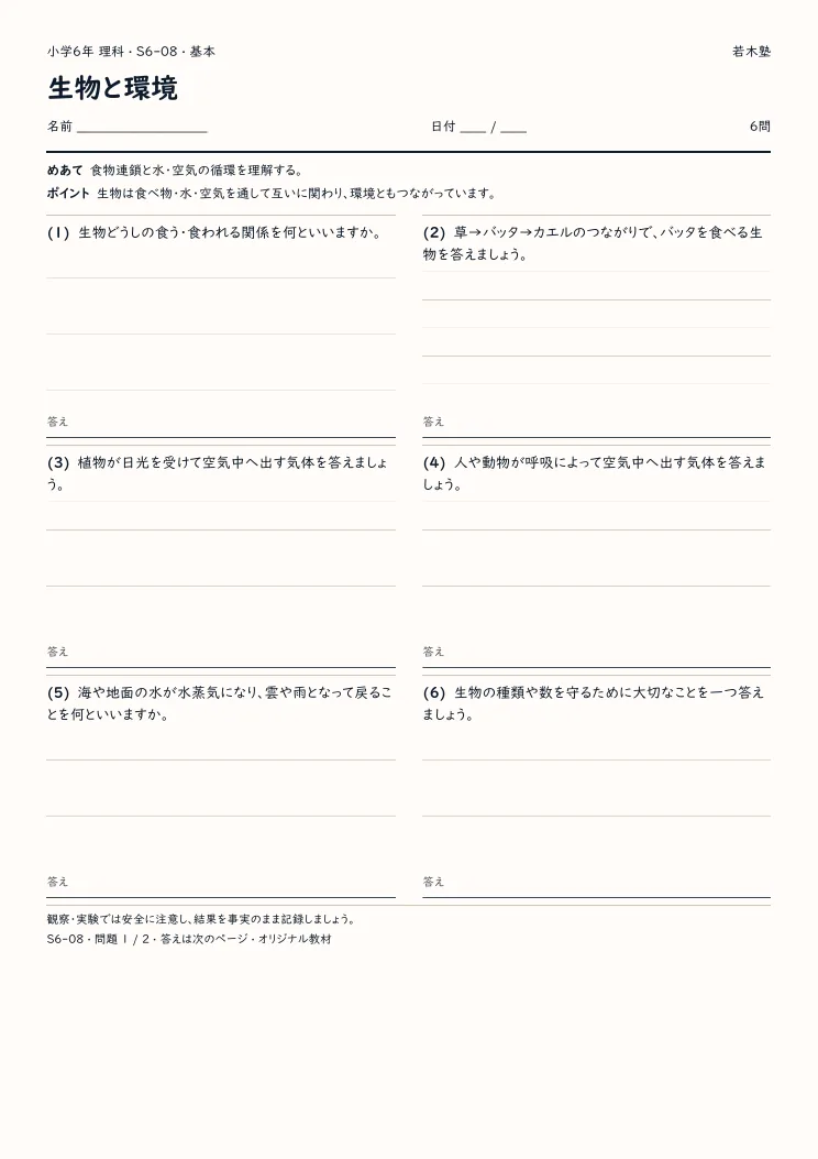 生物と環境プリントの見本