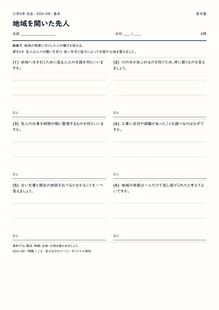 地域を開いた先人プリントの見本