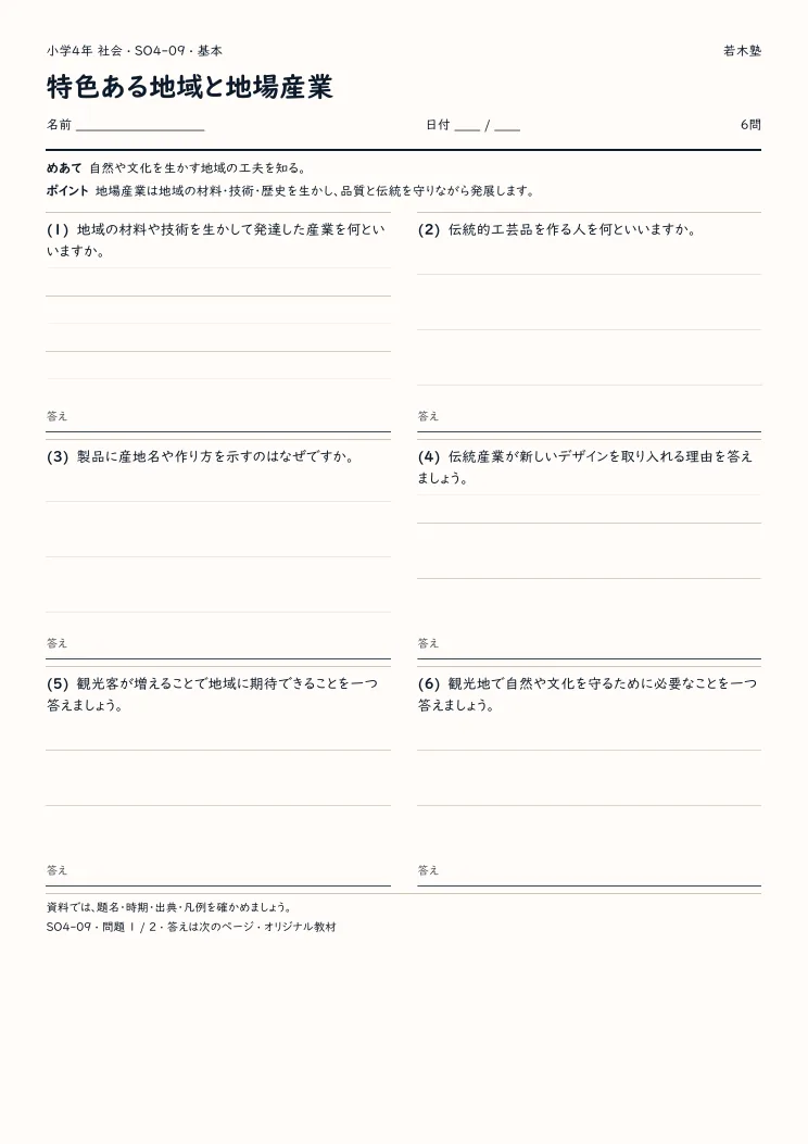 特色ある地域と地場産業プリントの見本