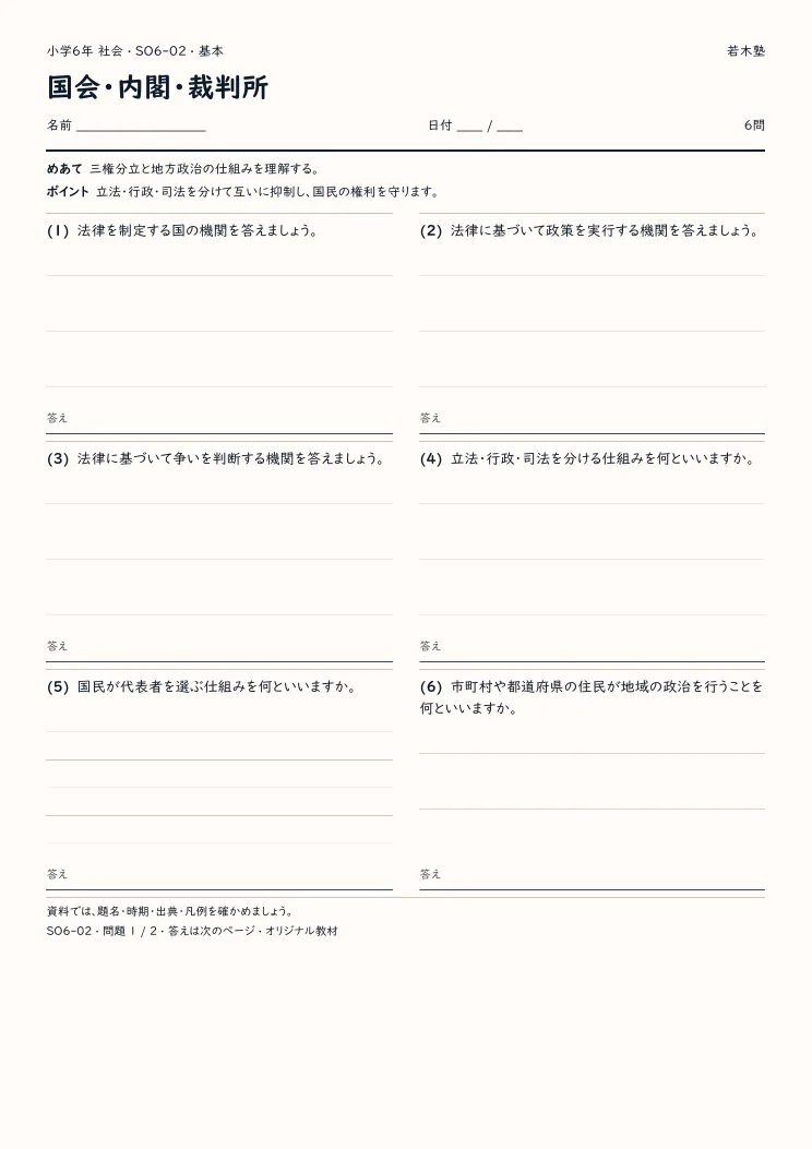 国会・内閣・裁判所プリントの見本