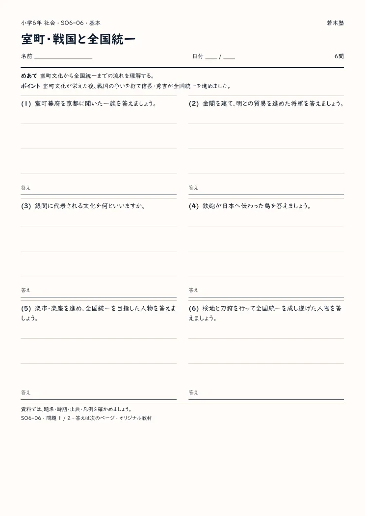 室町・戦国と全国統一プリントの見本