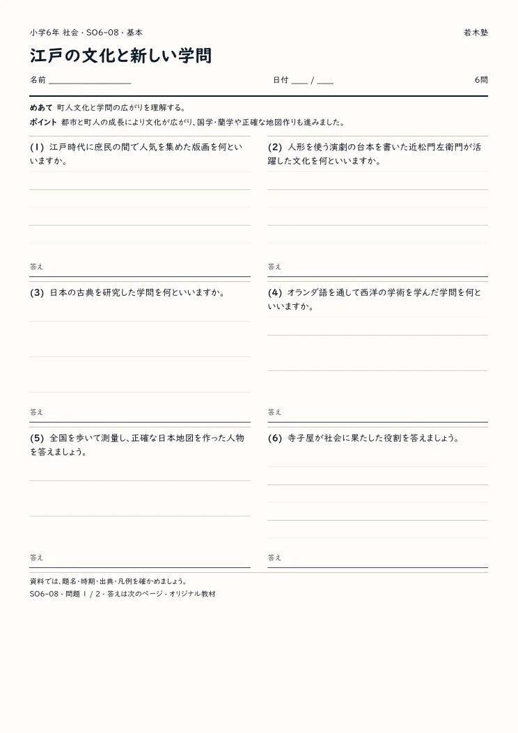 江戸の文化と新しい学問プリントの見本