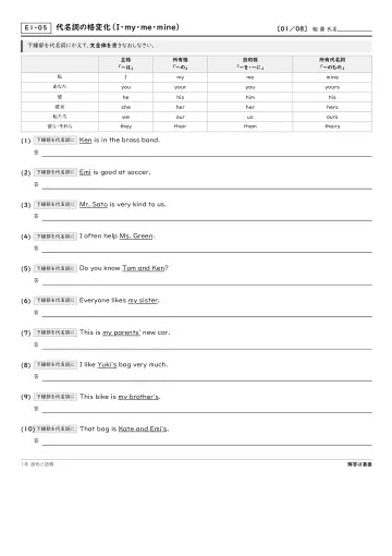 代名詞の格変化(I・my・me・mine)の問題プリント1ページ目