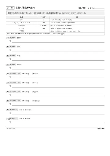 名詞の複数形・冠詞の問題プリント1ページ目