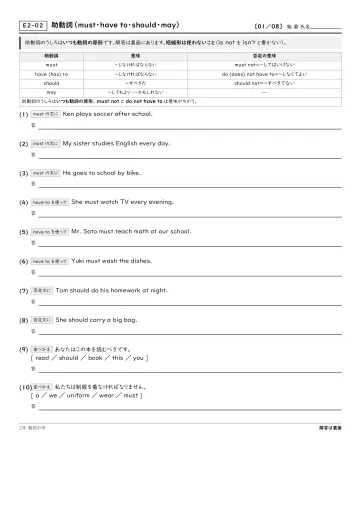 助動詞(must・have to・should・may)の問題プリント1ページ目