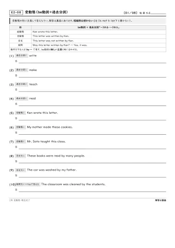 受動態(be動詞+過去分詞)の問題プリント1ページ目