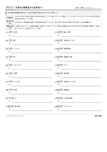 化学式(物質名から化学式へ)の問題プリント1ページ目