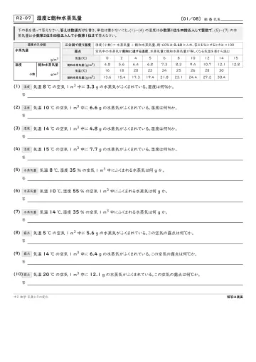 湿度と飽和水蒸気量の問題プリント1ページ目